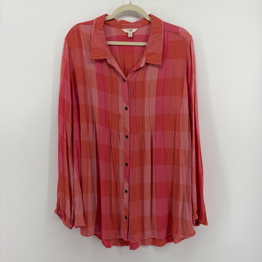 Terra & Sky Plaid Button Up Shirt Women's 3X Coral Pink Long Sleeve Casual